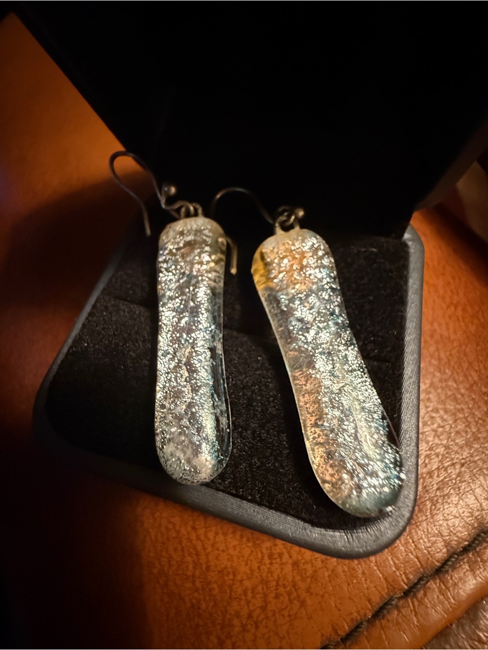 Handcrafted dichroic glass dangle elegant earrings. Spectacular